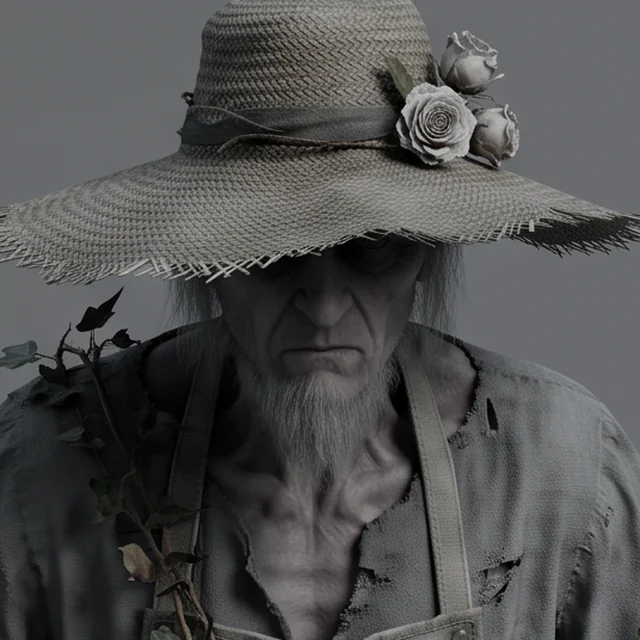 O Eco do Jardineiro: um velho de chapéu de palha largo enfeitado de rosas brancas, rosto quase escondido, barba rala e camisa rasgada