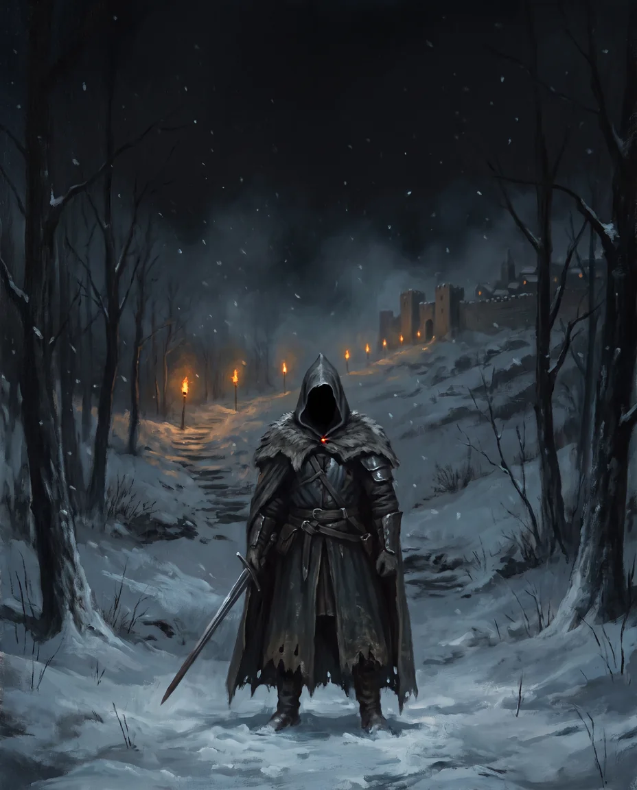 Uma figura encapuzada, de espada baixa, numa trilha de neve entre árvores nuas, com tochas acesas ao fundo