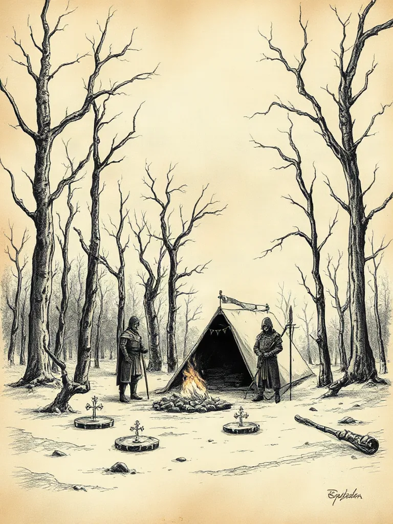 Desenho a lápis de um acampamento na mata, com uma tenda e uma fogueira