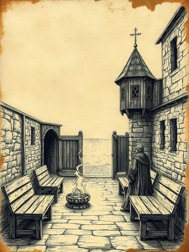 Desenho a lápis de um pátio murado com bancos, um braseiro e uma torre de madeira
