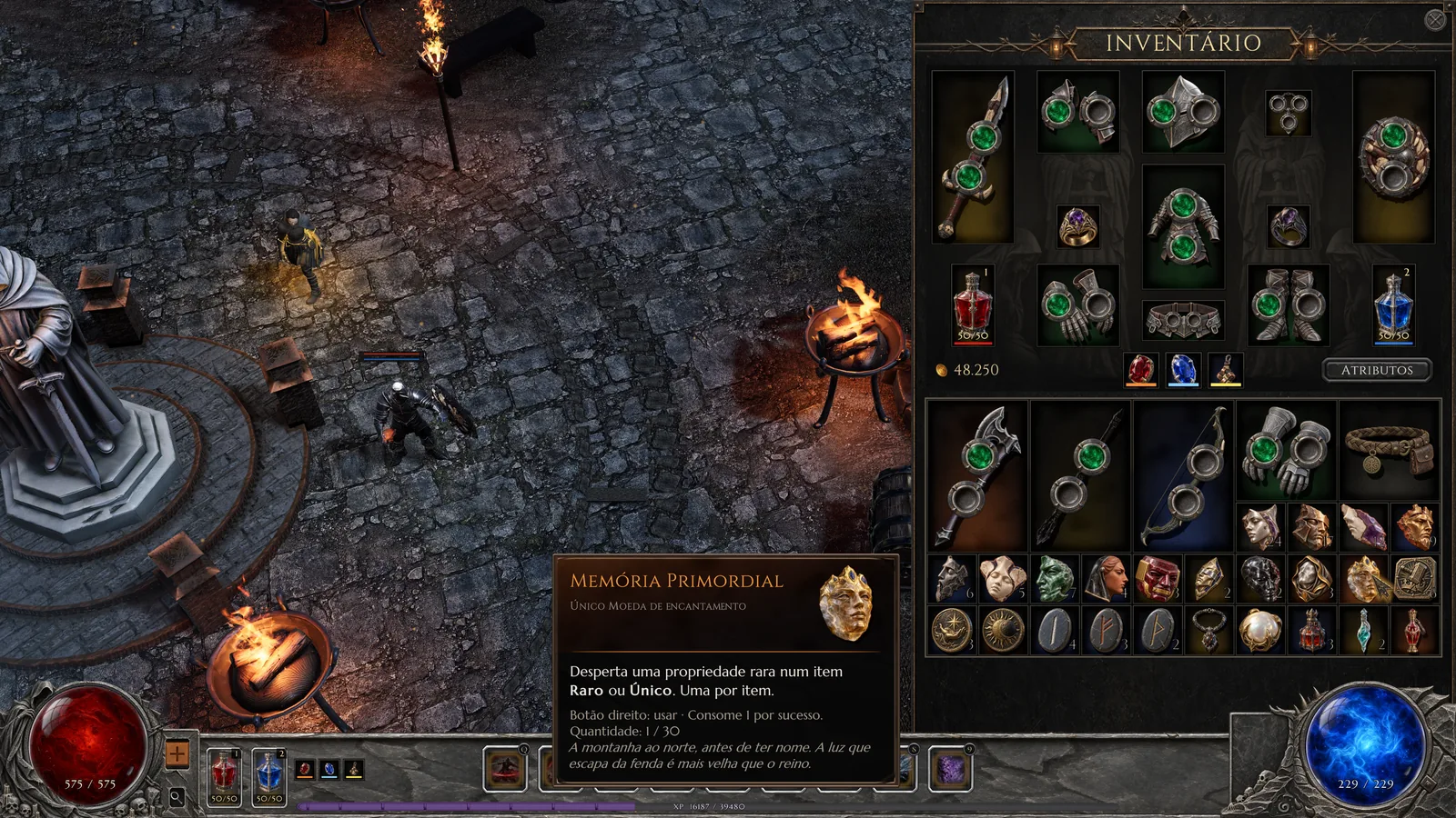O tooltip da Memória Primordial sobre a mochila cheia de moedas e itens