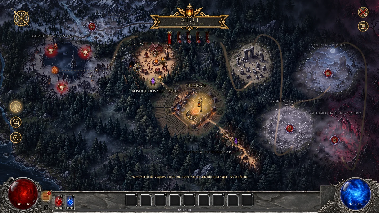 A janela do mapa do Ato I, aberta em Vharan